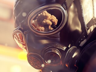 A dark gas mask reflects an ominous mushroom cloud, symbolizing potential danger and the post-apocalyptic world