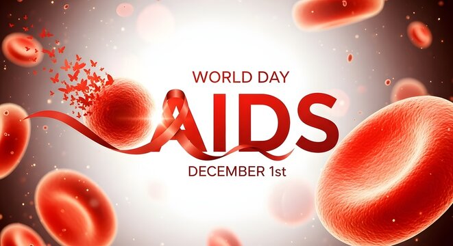 World aids day concept with red ribbon and microscopic blood cells awareness