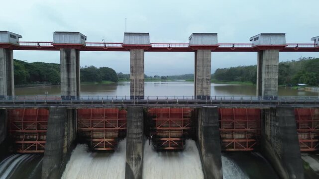 Aeria view of Controlled Water Release at Serut water Dam in PLTA Lodoyo Blitar, East Java, Indonesia 