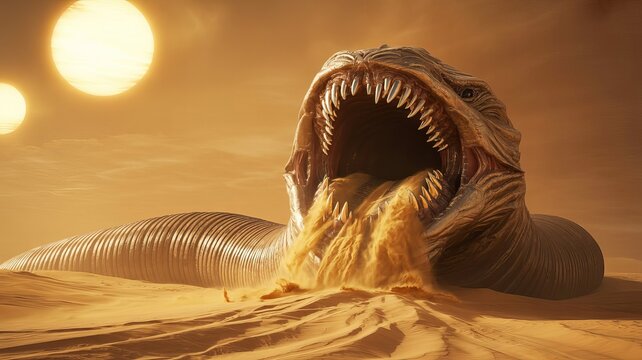 Sand Beast's Devour: A colossal sandworm emerges from the dunes, jaws agape, ready to swallow anything that crosses its path, under the scorching sun.