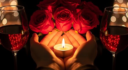 Romantic candlelight setting with hands holding a lit candle, red wine, and roses