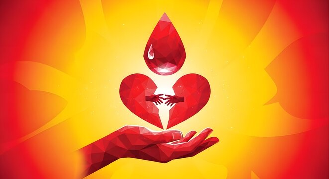 Blood donation and heart care concept with helping hands, polygonal illustration