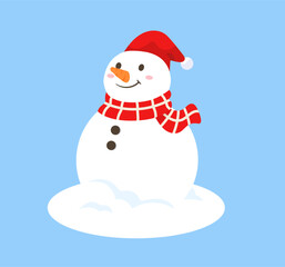 Cute snowman with red santa hat and gingham scarf isolated on blue background. Flat vector illustration for Festive Christmas Holiday, decorative designs, gretting card, banner, flyer, print.