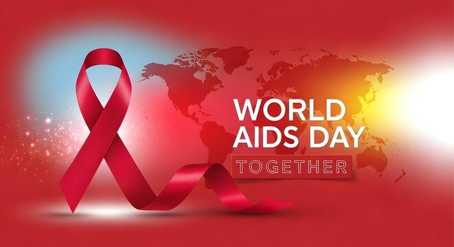 World aids day red ribbon symbol on global map background for international awareness