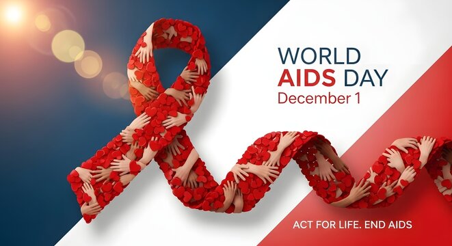 World aids day ribbon made of diverse hands and hearts symbolizing global solidarity