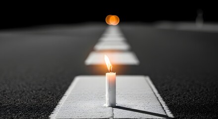 A single white burning candle on a marked path leading into a monochromatic distance.