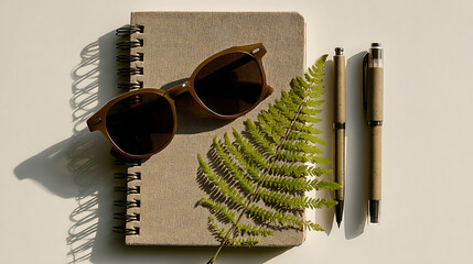 Spiral notebook with sunglasses fern and pens spiral bound