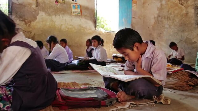 Raw pan shot video footage of Indian village school children studying and writing in notebooks while sitting on classroom floor inside rural school India.