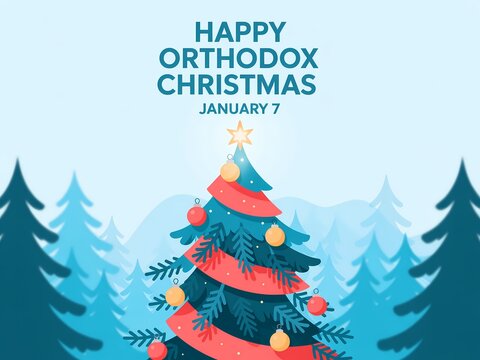 Happy orthodox christmas january 7th greeting with festive decorated tree in snowy forest