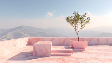 Surreal pink marble terrace with tree and distant mountains planter steps