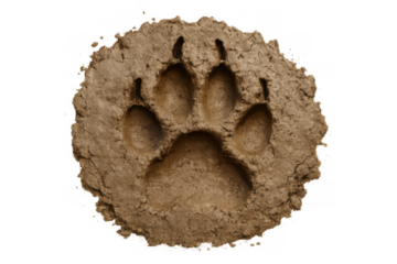 Paw print in mud showing dog or wolf track, a wildlife imprint on earth with a transparent background