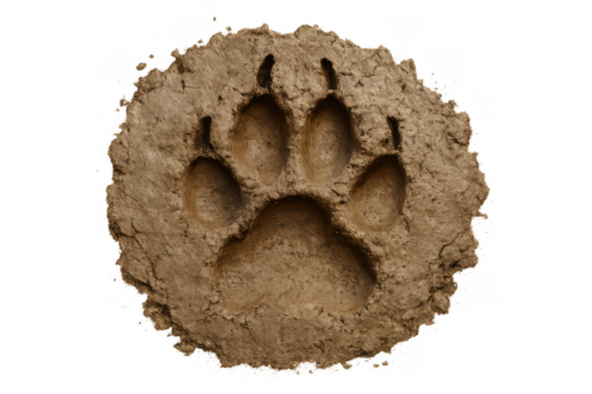 Paw print in mud showing dog or wolf track, a wildlife imprint on earth with a transparent background