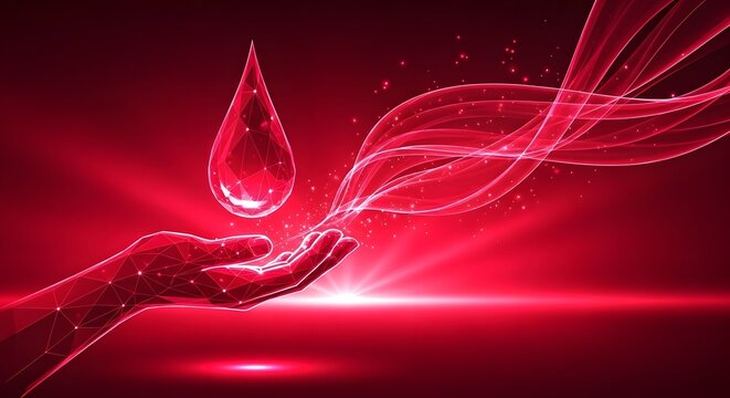 Digital hand supporting polygonal blood drop with dynamic red waves, healthcare tech