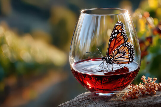 Butterfly Sipping Red Wine in a Glass Outdoors