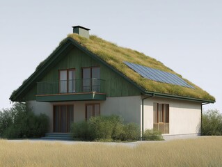 Eco-friendly house with a grass roof and solar panel. Sustainable home design in a serene, natural setting.