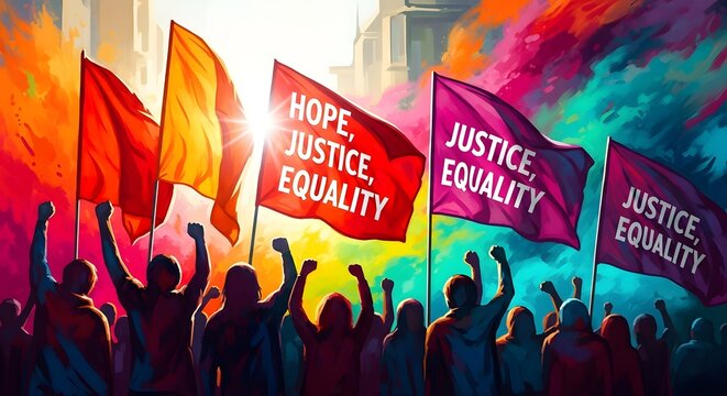 Vibrant crowd holding "hope, justice, equality" flags, protesting for human rights.