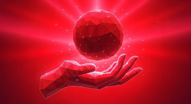 Red glowing geometric hand holds a luminous polygonal sphere on abstract background