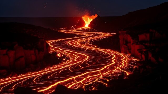 Flowing lava stream illuminating a volcanic landscape at night - Powered by Adobe