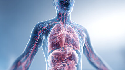 Transparent human torso displaying internal organs and vascular system human anatomy lungs