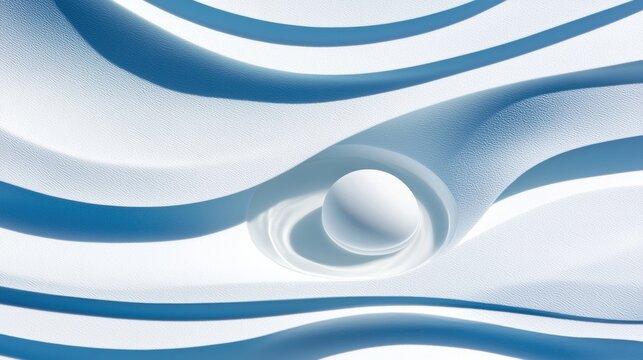 A white sphere is nestled within a blue wave-like pattern, creating a sense of depth and movement.