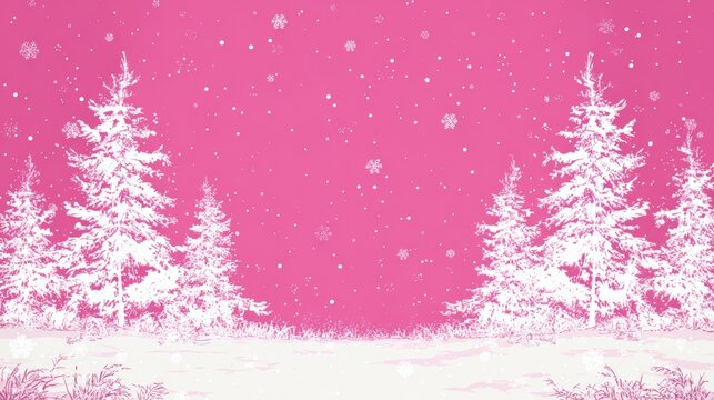 Winter landscape illustration featuring snow-covered evergreen trees against a vibrant pink background with falling snowflakes, creating a whimsical holiday atmosphere with copy space