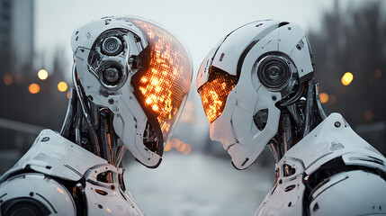 Two advanced androids with glowing orange digital faces robots futuristic
