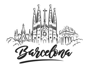 Hand drawn Artistic Sagrada Familia Line Art Landmark Black and White Illustration