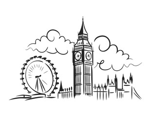 Sketched London Cityscape with Big Ben and Eye Landmarks Illustration
