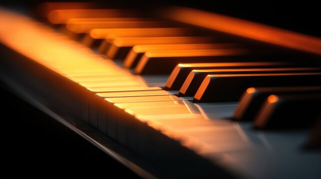 A close-up view of a piano keyboard with the keys illuminated by a warm, orange light.