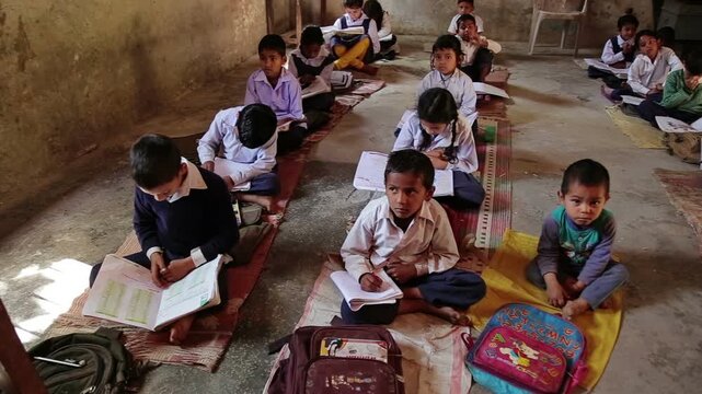 Raw footage of Indian village school children studying and writing in notebooks while sitting on classroom floor inside rural government school in India.