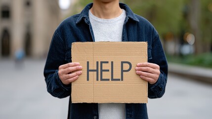 Young man holding a cardboard sign with the word "HELP" in bold letters, standing outdoors in a public space, conveying a message of need and urgency in a compassionate environment