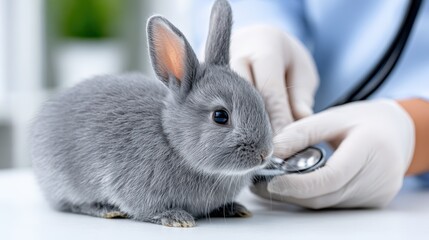 Gray rabbit being examined by a veterinarian with a stethoscope in a bright clinic, showcasing the importance of pet healthcare and professional animal care