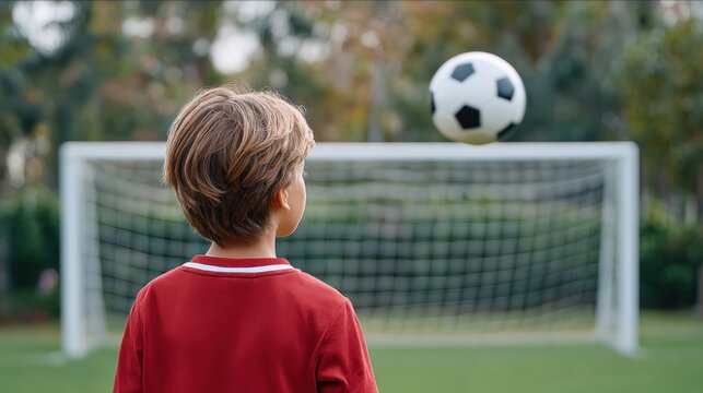 Young boy in red jersey stands on soccer field, watching a soccer ball in mid-air, with goalpost in background, capturing the excitement of youth sports and play