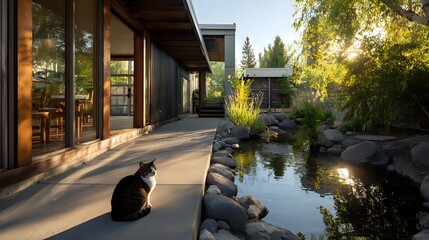 Cat sitting on a modern home patio near a pond basking in the sunlight creating a peaceful and luxurious outdoor scene