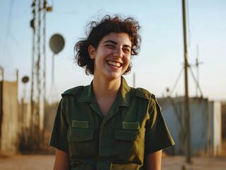 Smiling soldier in olive uniform with a desert backdrop and communication tower behind during a bright sunny day.