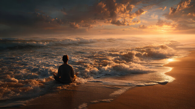 Figure meditating on beach at dawn under soft golden light  - Powered by Adobe