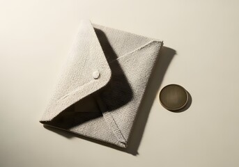 Folded Beige Fabric Envelope Beside a Metallic Token