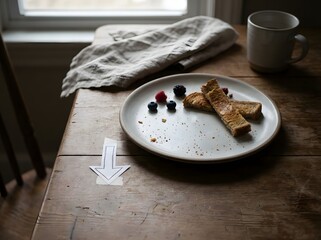 Breakfast plate with toast berries and an arrow on wooden table