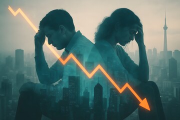 Silhouette couple with downward graph reflecting financial stress