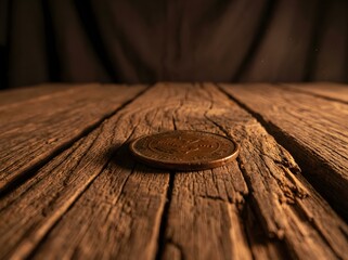 Loose Metal Coin Resting on a Cracked Wooden Surface