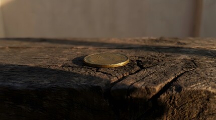Old Coin Resting On Cracked Wooden Surface In Soft Light