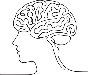 Continuous single line drawing human head with brain vector illustration isolated on white background