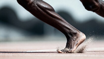 A close-up of a runner's foot in motion, showcasing athleticism and speed, with dust flying off the track.