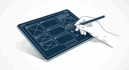 Elegant digital designer crafting website wireframes on tablet device with stylus pen during workflow process in studio, user interface design concept