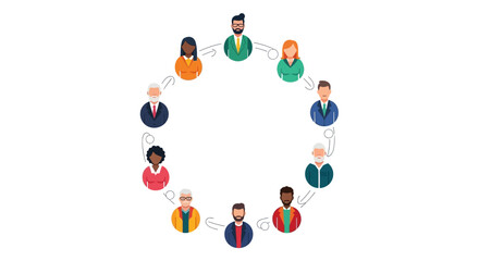 Diverse team collaborating and communicating in a circle, perfect for illustrating teamwork, networking, and leadership in a modern business setting