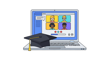 Celebrate graduation online with diverse students connecting remotely on a laptop, a modern virtual ceremony symbolizing achievement and bright futures