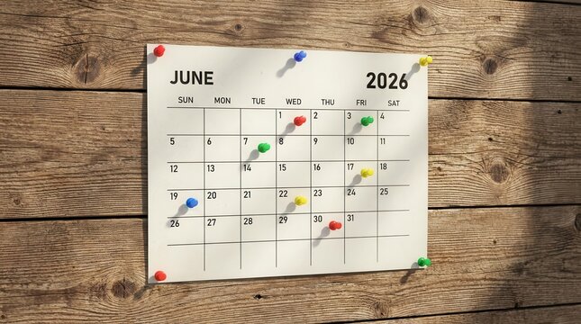 A calendar pinned on wooden wall showcasing the month of June 2026, highlighted with various colorful push pins, ready to assist your scheduling and planning.