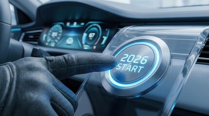 Close-up of a hand pressing the illuminated Start button, representing automotive innovation.