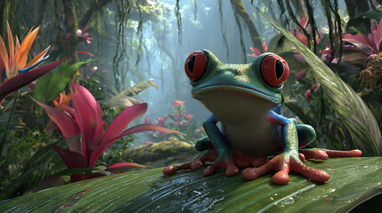 Vibrant red eyed tree frog perched on a wet leaf amidst lush tropical foliage amphibian rainforest