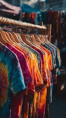 Obraz premium Colorful Tie-Dye Shirts Displayed at a Market on a Sunny Day in a Vibrant Outdoor Setting